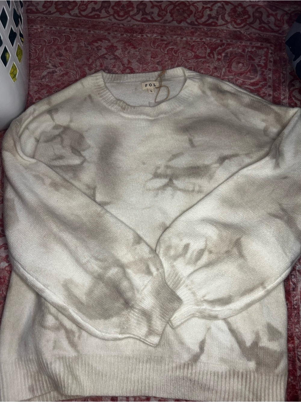 POL Cream and Taupe Tie-Dye Crewneck Sweater